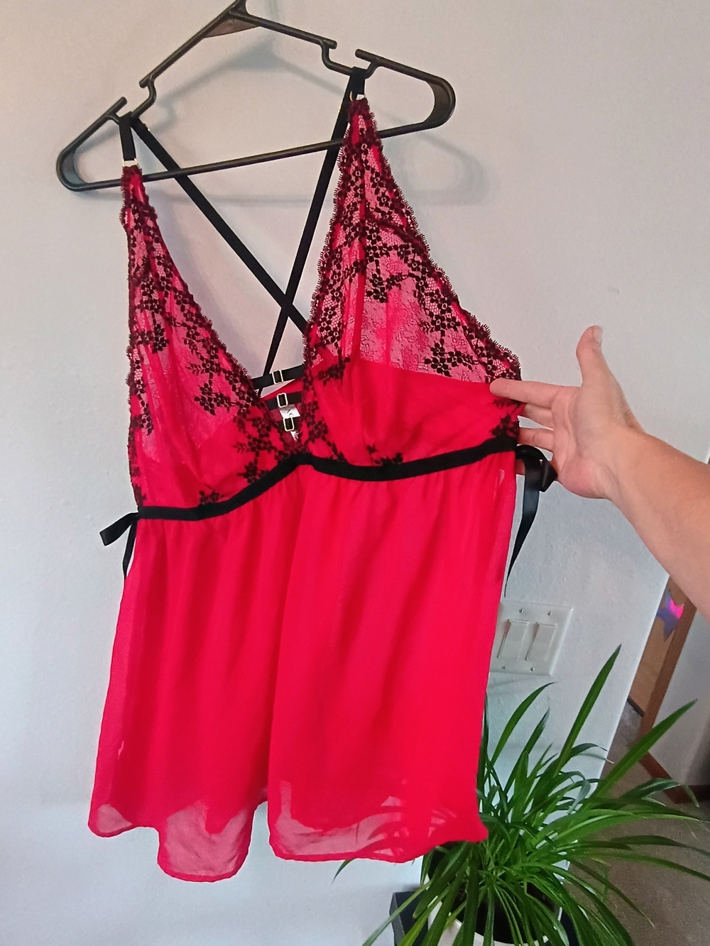 Cacique 22/24 Hot Pink Black Lace Mesh Babydoll Chemise Lingerie Plus Size